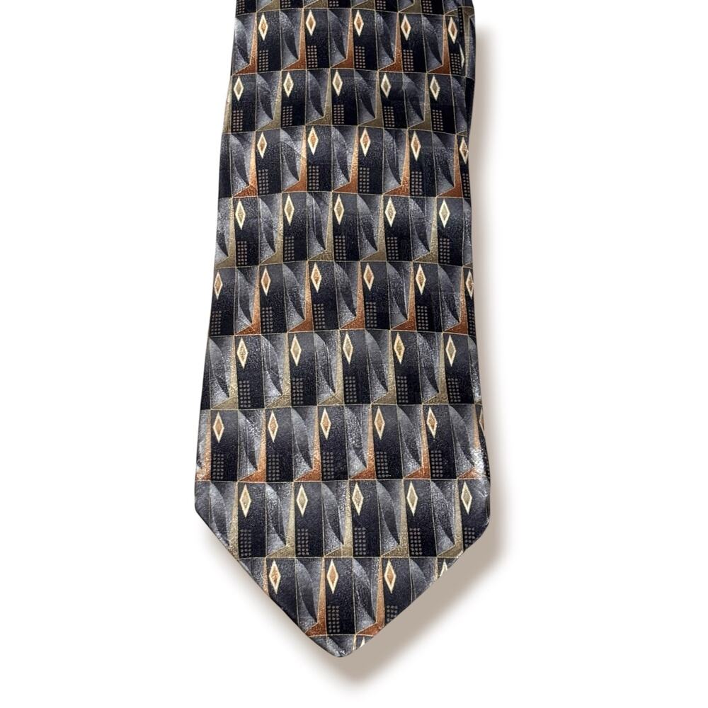 Vintage Christian Dior Monsieur Geometric Silk Tie Gray Black Gold Classic Prep
